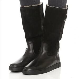 Frye Gemma Tall Shearling Boots Black Suede Leather Winter Flat Round Toe Size 6